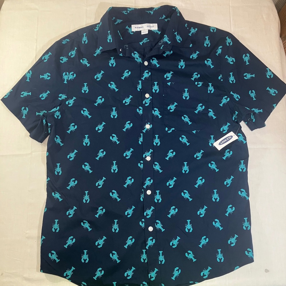 Old Navy Mens Large Lobster Print Short Sleeve Button Down Shirt Navy Blue Teal